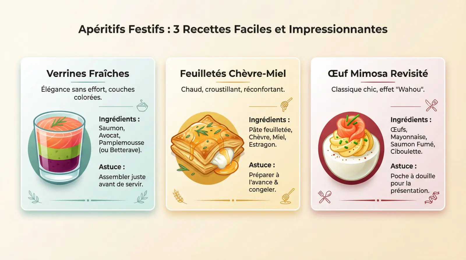 Assortiment d'entrées festives faciles : verrines saumon et feuilletés dorés
