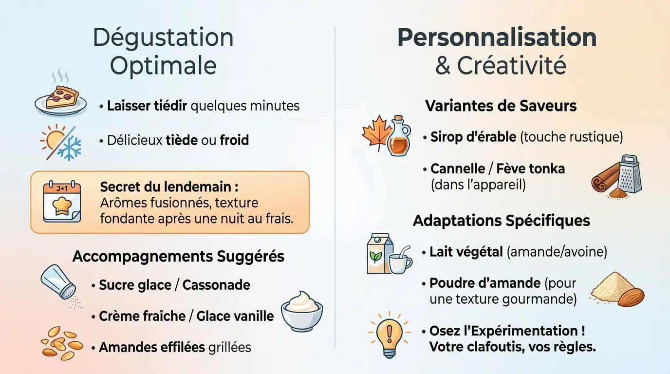 Part de clafoutis aux pommes et poires servie avec une boule de glace vanille