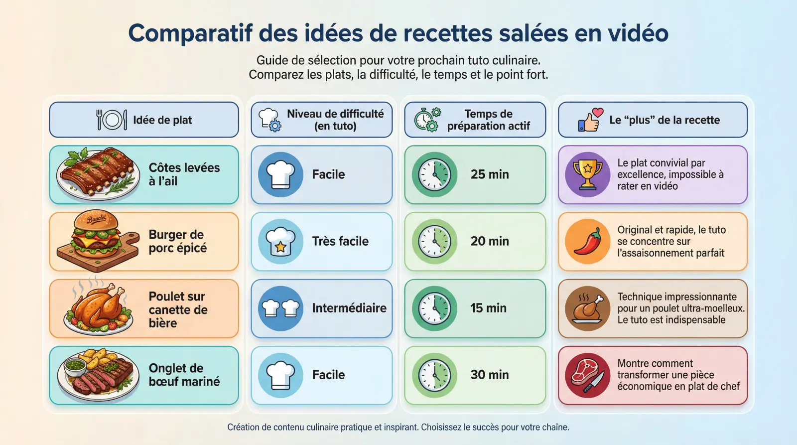 Tableau comparatif des recettes salées en vidéo pour la fête des pères