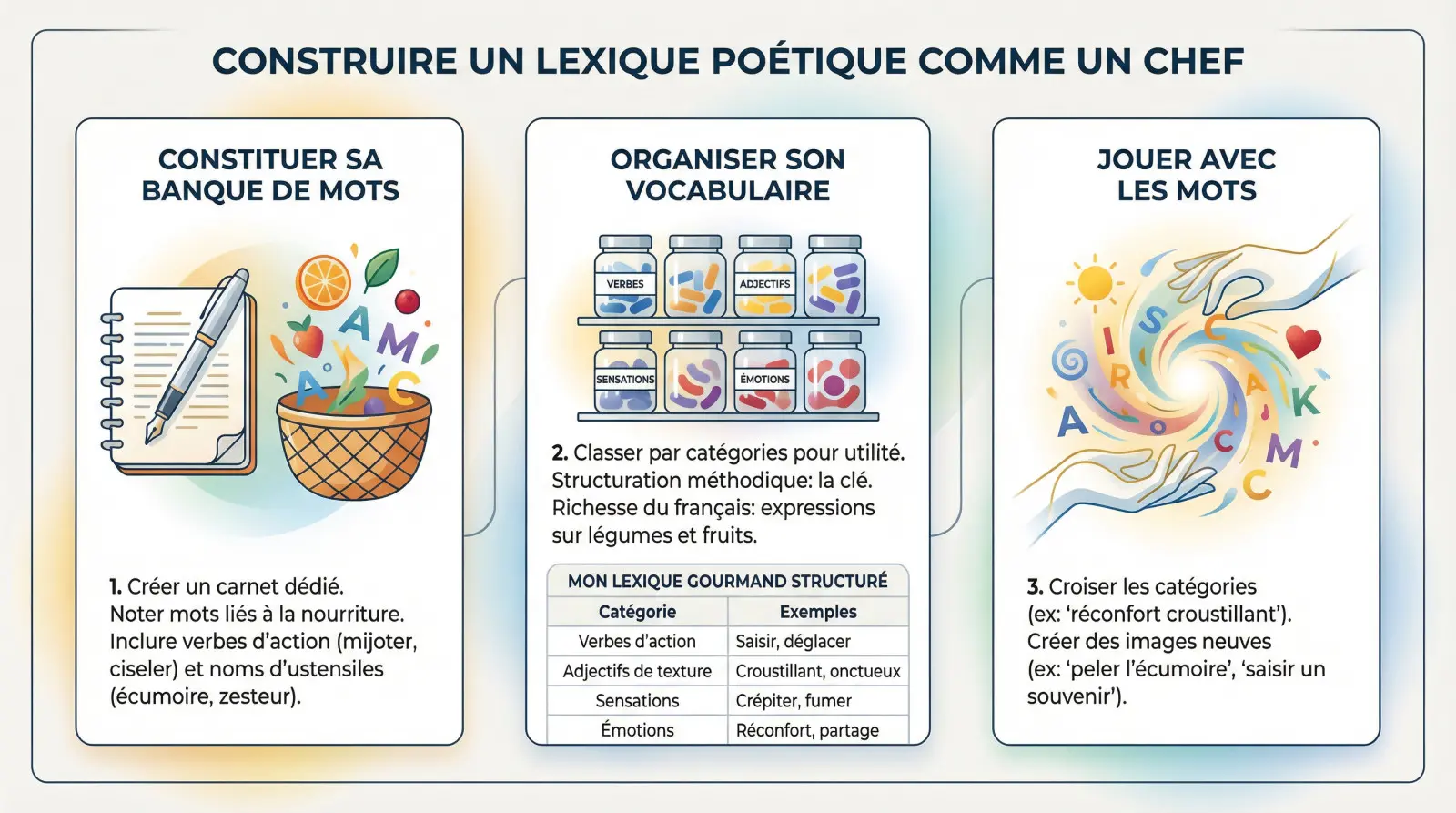 Carnet de notes ouvert avec un stylo et des ingrédients culinaires pour illustrer la création d'un lexique poétique gourmand
