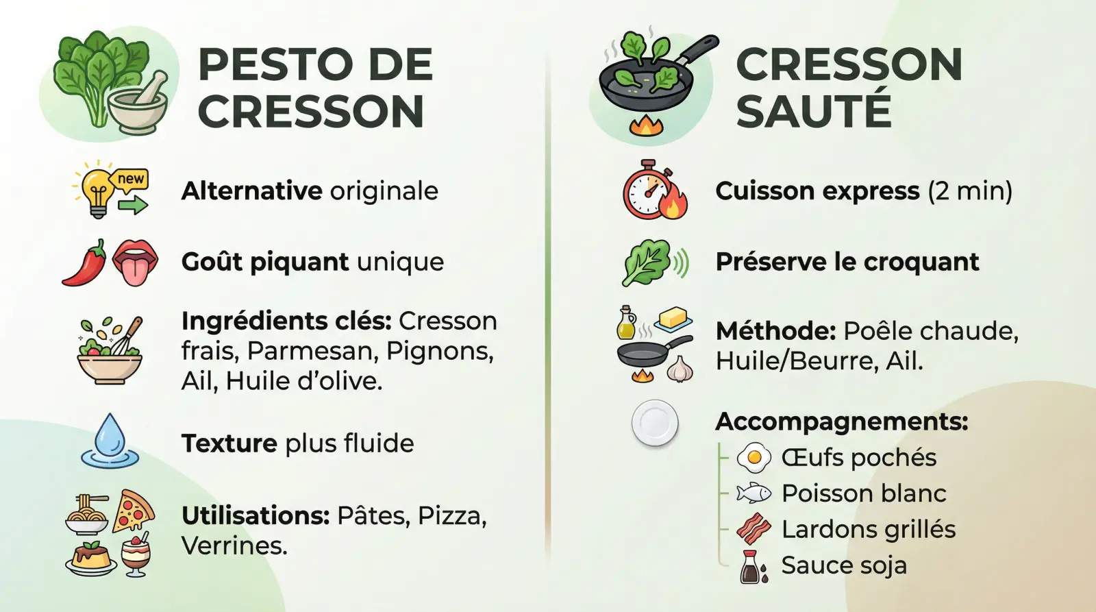 Assiette de cresson sauté à l'ail et bol de pesto de cresson frais