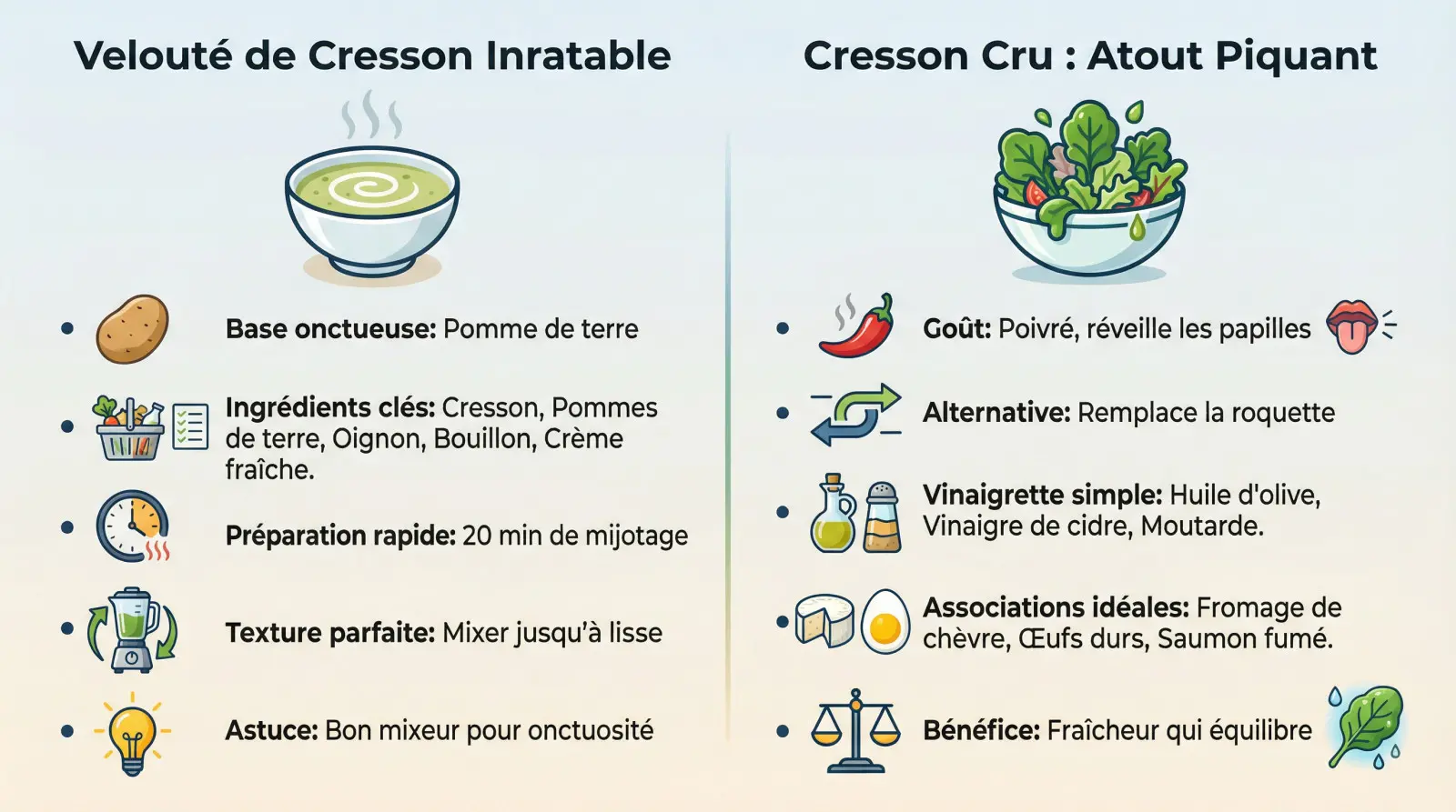 Bol de velouté de cresson onctueux et assiette de salade fraîche au cresson