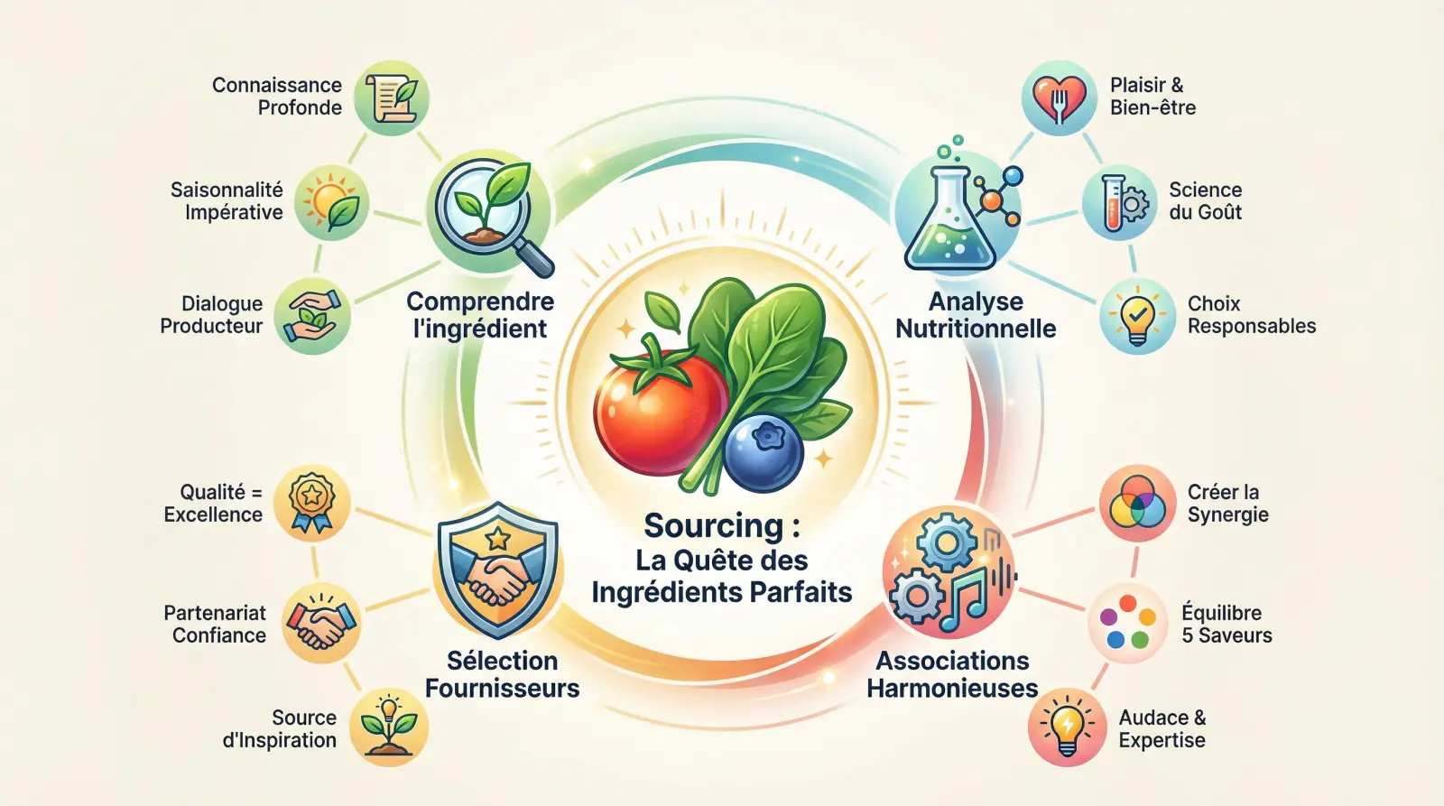 Sélection rigoureuse d'ingrédients frais et de saison sur un étal de marché pour une création culinaire optimale