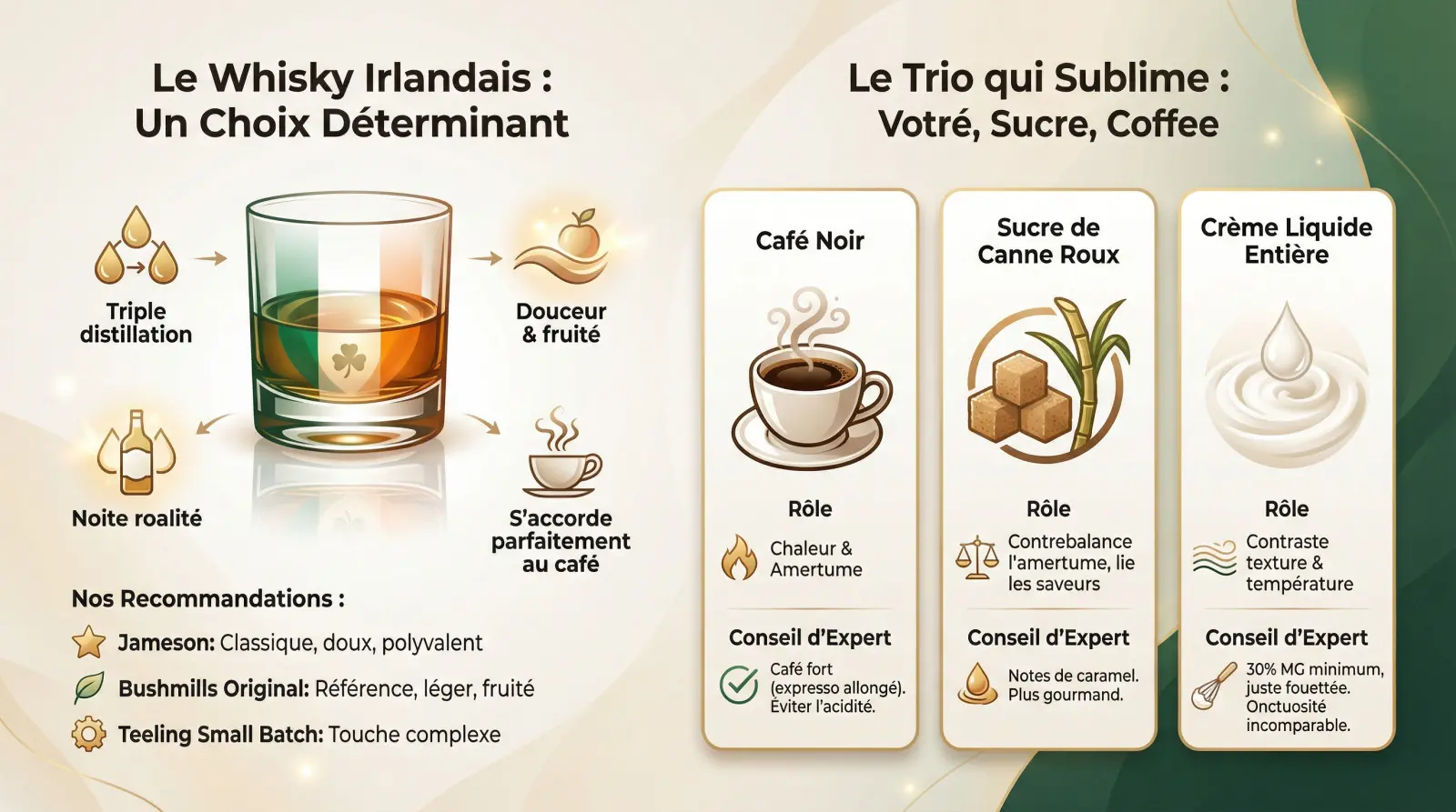 Ingrédients essentiels pour un Irish Coffee parfait : whisky irlandais, café et crème