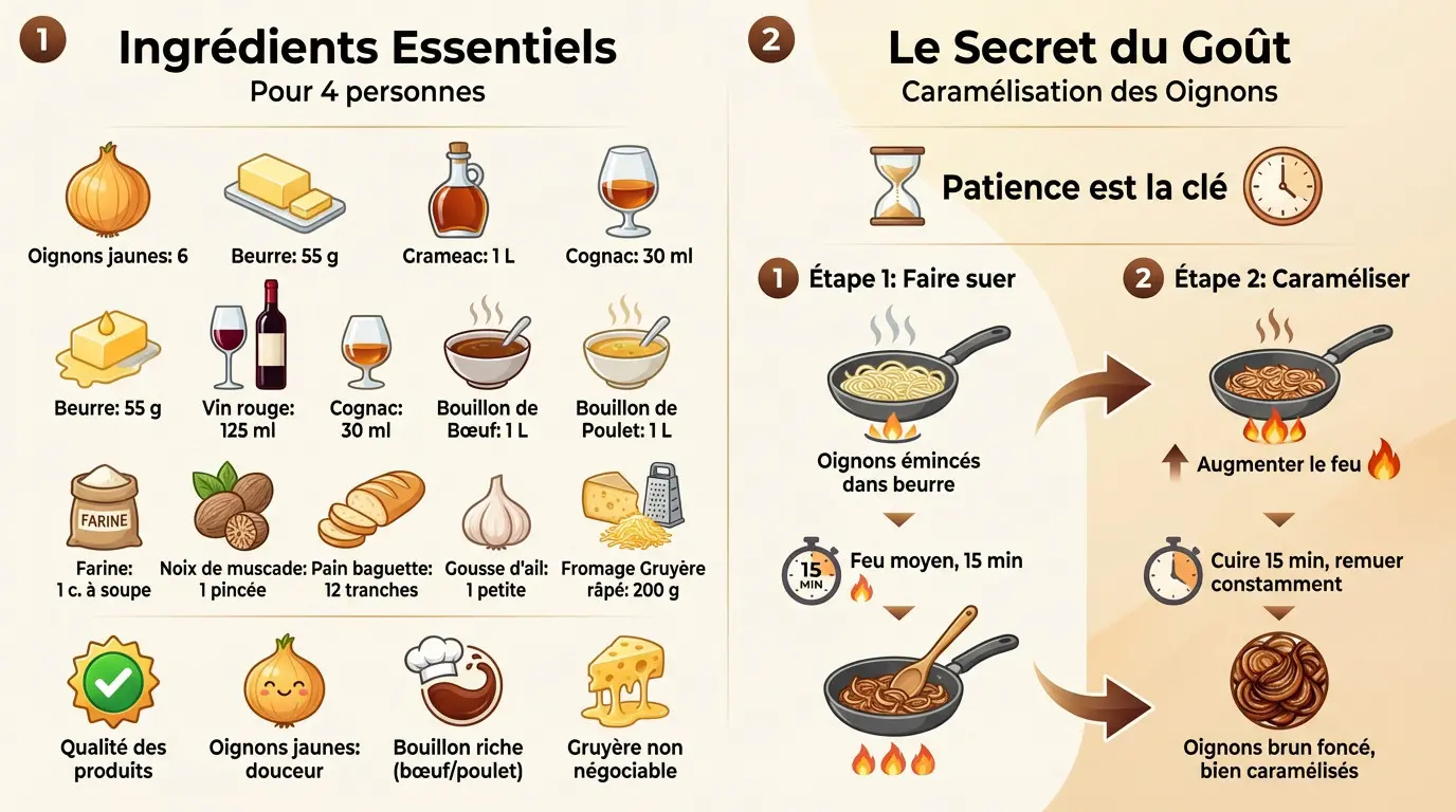 Infographie sur les secrets de préparation d'une soupe à l'oignon réussie