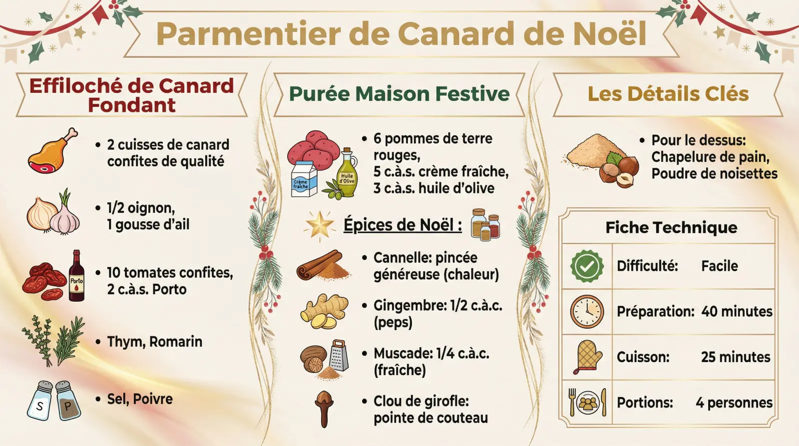 Parmentier de canard aux épices de Noël servi dans un plat à gratin
