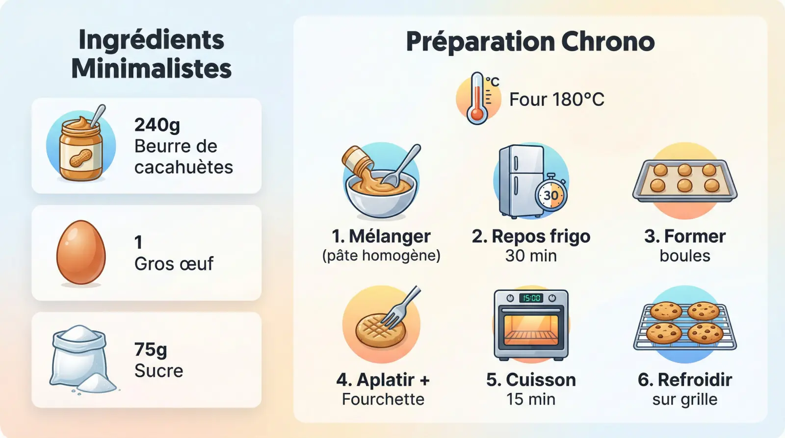 <strong>Infographie des 3 ingrédients pour les biscuits aux cacahuètes</strong> : beurre de cacahuète, œuf et sucre »></p><h3>Préparation en 6 étapes chrono</h3><p>Préchauffez votre four à 180°C. Suivez ce déroulé à la lettre pour <strong>garantir la texture idéale</strong> :</p><ol><li>Mélangez le beurre de cacahuètes, l&rsquo;œuf et le sucre pour obtenir <strong>une pâte sablée et homogène</strong>.</li><li>Formez une boule, filmez-la et <strong>laissez reposer 30 minutes au frigo</strong>. Ne zappez pas cette étape.</li><li><strong>Façonnez des petites boules de pâte</strong> sur une plaque avec du papier sulfurisé.</li><li><strong>Aplatissez chaque boule en galette</strong> (5-8 mm). Marquez le dessus avec une fourchette.</li><li>Enfournez pour <strong>15 minutes de cuisson</strong>.</li><li><strong>Laissez les gâteaux refroidir sur une grille</strong> avant de vous jeter dessus.</li></ol><div style=