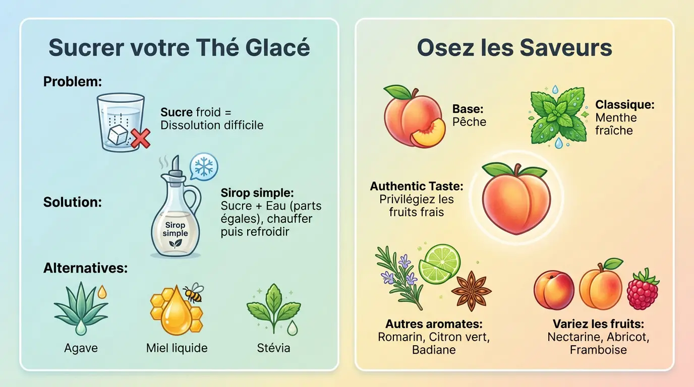 Infographie présentant les options pour sucrer et aromatiser un thé glacé maison