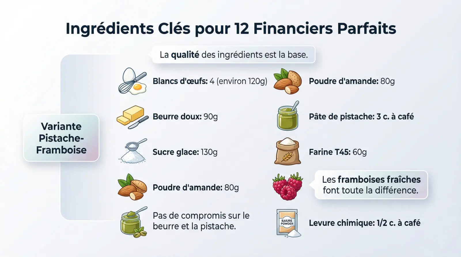 Ingrédients clés disposés pour la préparation de financiers pistache framboise
