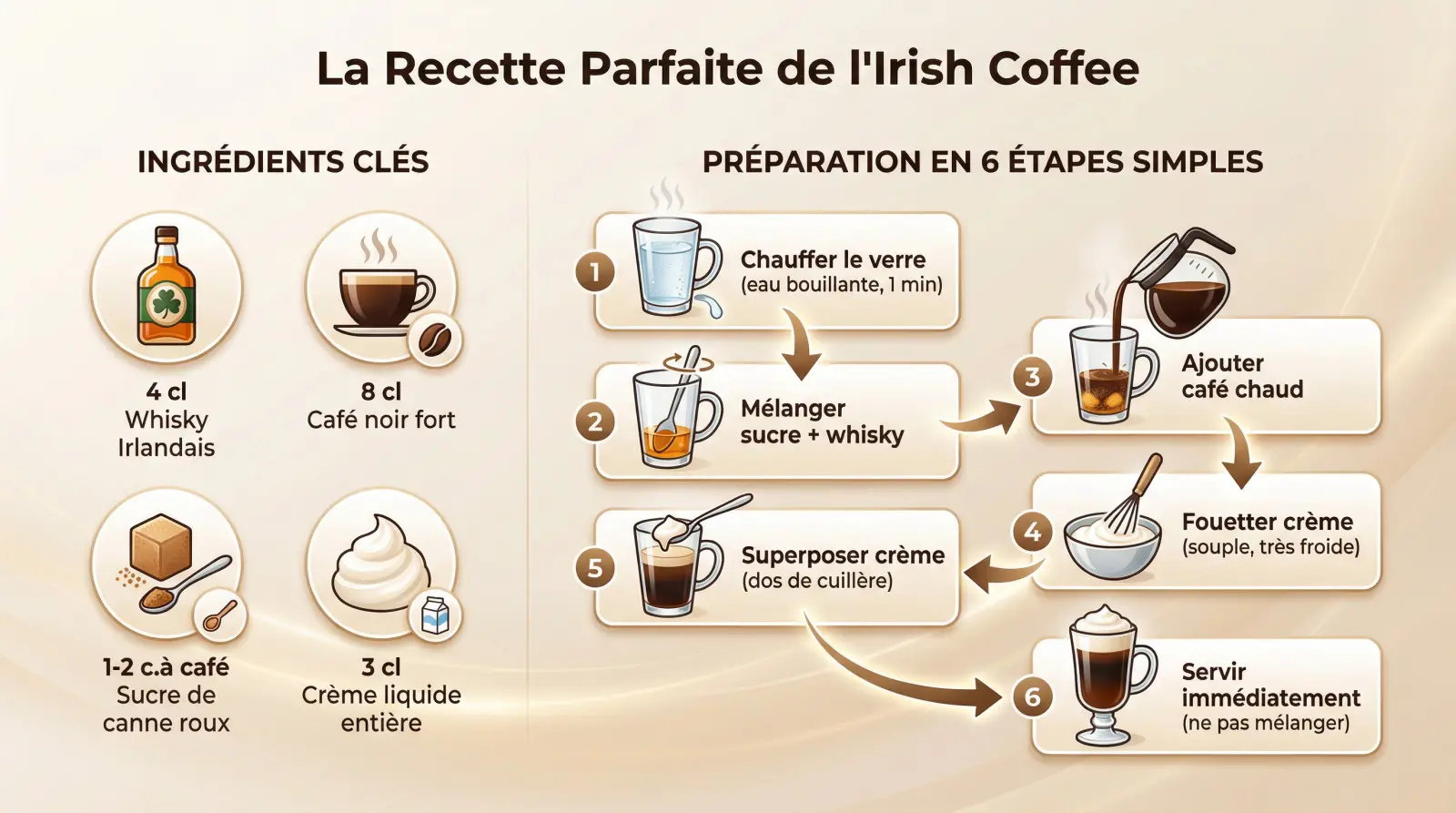 <strong>Verre d&rsquo;Irish Coffee traditionnel</strong>« ></p><h3>Les ingrédients pour un irish coffee parfait</h3><p>La réussite tient à une rigueur absolue sur quatre produits bruts. Inutile de chercher la complication, tout repose sur l&rsquo;<strong>excellence de ces bases</strong>.</p><div class='code-block code-block-1' style='margin: 8px 0; clear: both;'><style>.amz-recos-wrapper {
    border: 1px solid #c7d2fe;
    border-radius: 14px;
    padding: 14px 12px;
    margin: 24px 0;
    background: linear-gradient(135deg, #eef2ff, #f9fafb);
    box-shadow: 0 8px 18px rgba(15, 23, 42, 0.12);
    font-family: system-ui, -apple-system, BlinkMacSystemFont, 