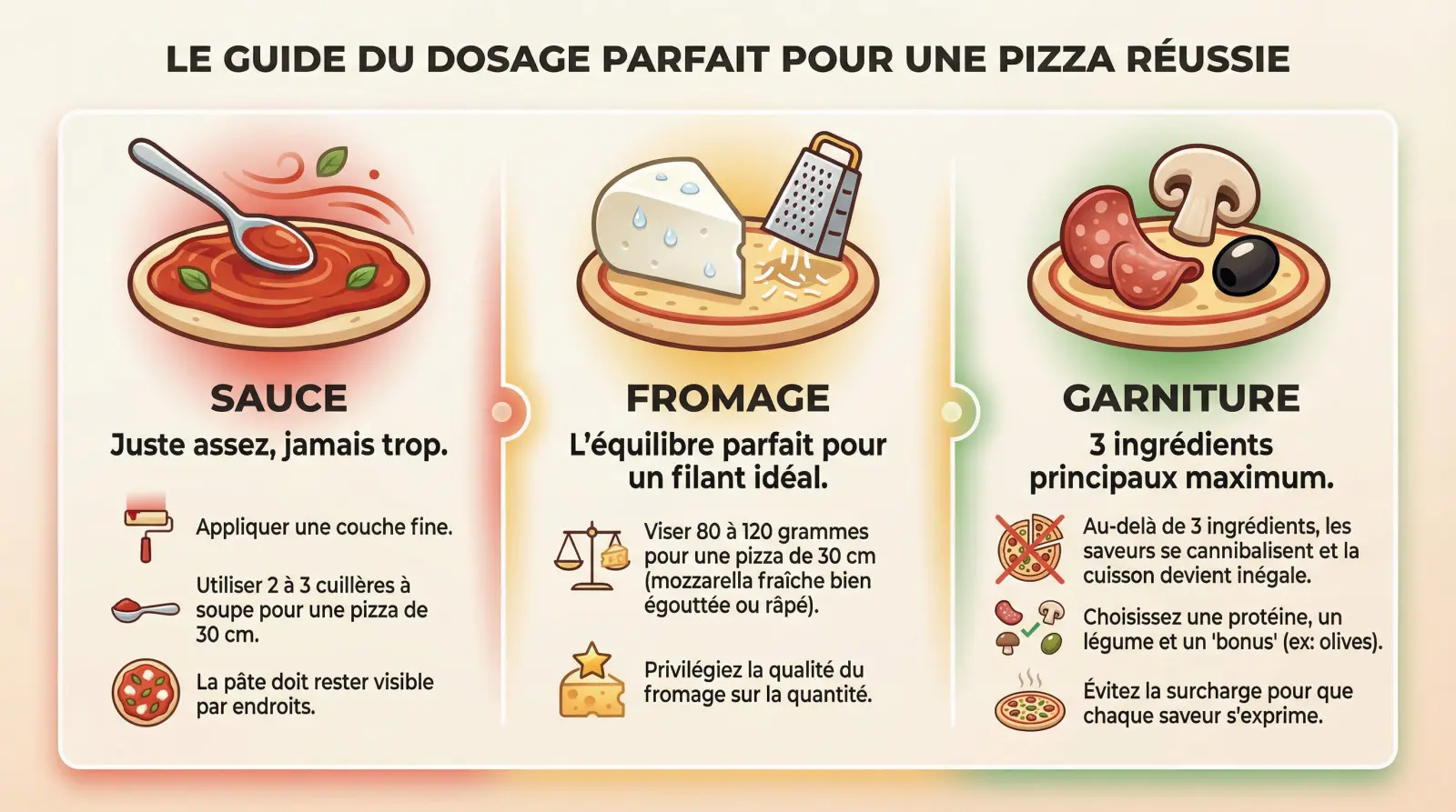 Guide visuel des quantités pour garnir une pizza maison