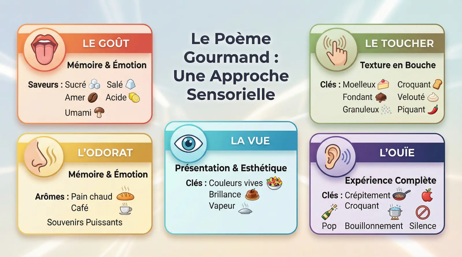 Illustration artistique d'une plume écrivant des mots évoquant les cinq sens