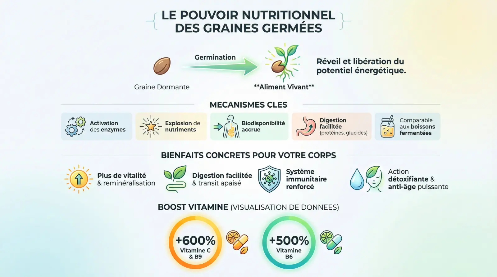 Graines germées fraîches illustrant la vitalité et la richesse nutritionnelle