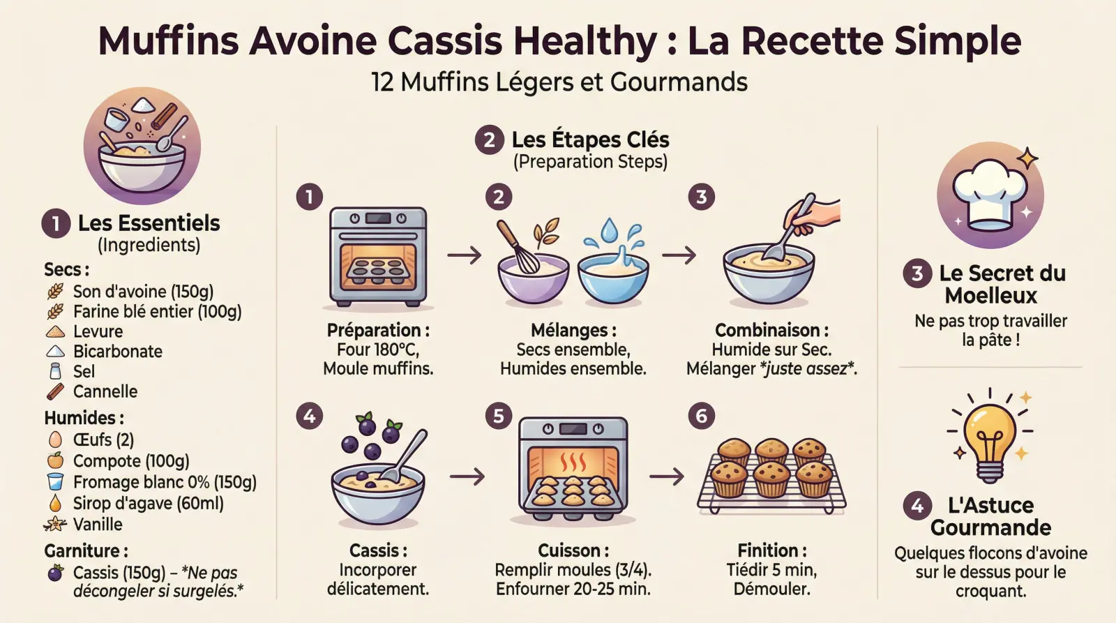 <strong>Muffins moelleux à l&rsquo;avoine et au cassis, recette saine et légère</strong>« ></p><h3>Les ingrédients pour 12 muffins légers et gourmands</h3><p>Oubliez les produits introuvables, tout se joue avec des <strong>bases simples de votre placard</strong>. C’est le secret de leur légèreté.</p><div class='code-block code-block-1' style='margin: 8px 0; clear: both;'><style>.amz-recos-wrapper {
    border: 1px solid #c7d2fe;
    border-radius: 14px;
    padding: 14px 12px;
    margin: 24px 0;
    background: linear-gradient(135deg, #eef2ff, #f9fafb);
    box-shadow: 0 8px 18px rgba(15, 23, 42, 0.12);
    font-family: system-ui, -apple-system, BlinkMacSystemFont, 