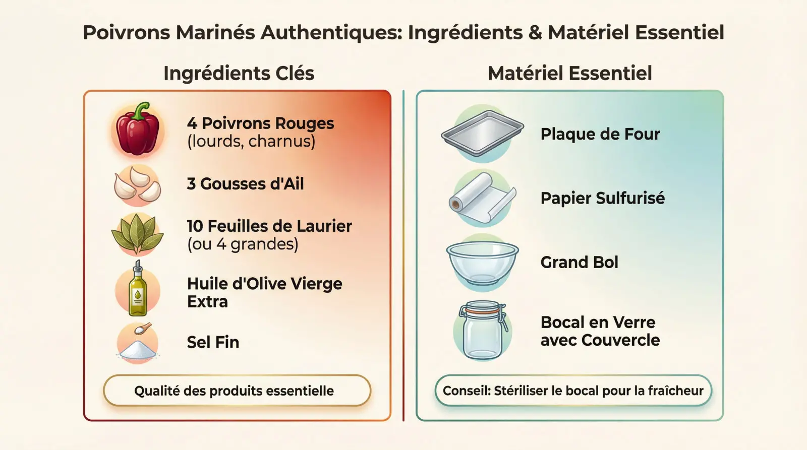 Ingrédients frais et matériel pour préparer des poivrons marinés traditionnels : poivrons rouges, ail, huile d'olive et bocal en verre.