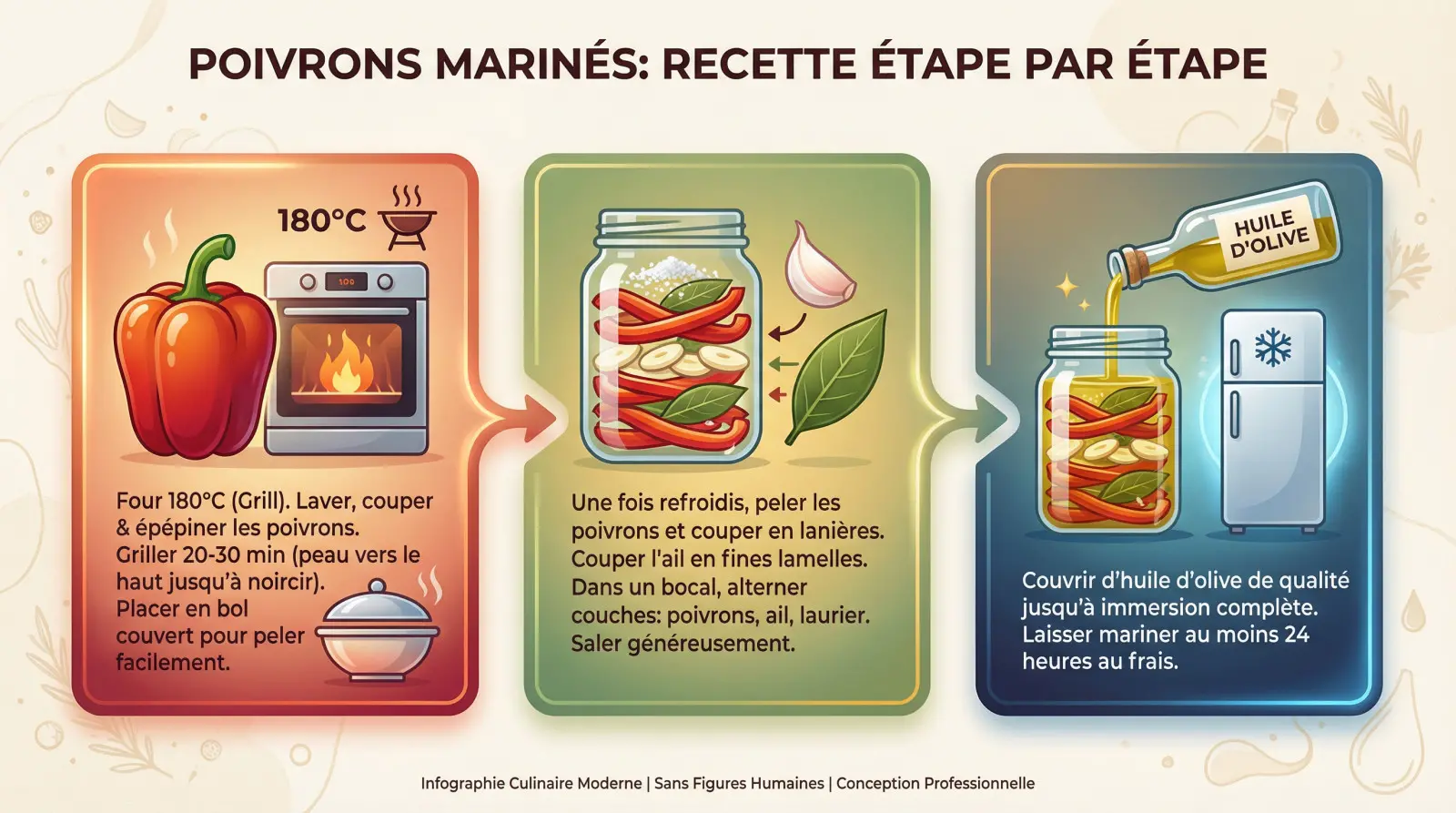 <strong>Préparation traditionnelle de poivrons rouges marinés</strong>« ></p><p>Maintenant que tout est prêt, on passe à l’action. Suivez ce guide précis pour un <strong>résultat parfait</strong>, comme le faisaient nos grands-mères.</p><h3>Étapes 1 à 3 : griller et préparer les poivrons</h3><ol><li><strong>Préchauffez le four en mode grill à 180°C</strong>. Lavez, coupez les poivrons en deux et retirez les pépins ainsi que les parties blanches.</li><li>Disposez-les sur la plaque, peau vers le haut. Faites-les griller 20 à 30 minutes jusqu’à ce que <strong>la peau noircisse et cloque</strong>.</li><li>Placez-les immédiatement dans un bol et couvrez. La vapeur va décoller la peau, c’est l’astuce pour un <strong>épluchage sans aucune difficulté</strong>.</li></ol><h3>Étapes 4 à 6 : assembler le bocal et laisser mariner</h3><ol start=