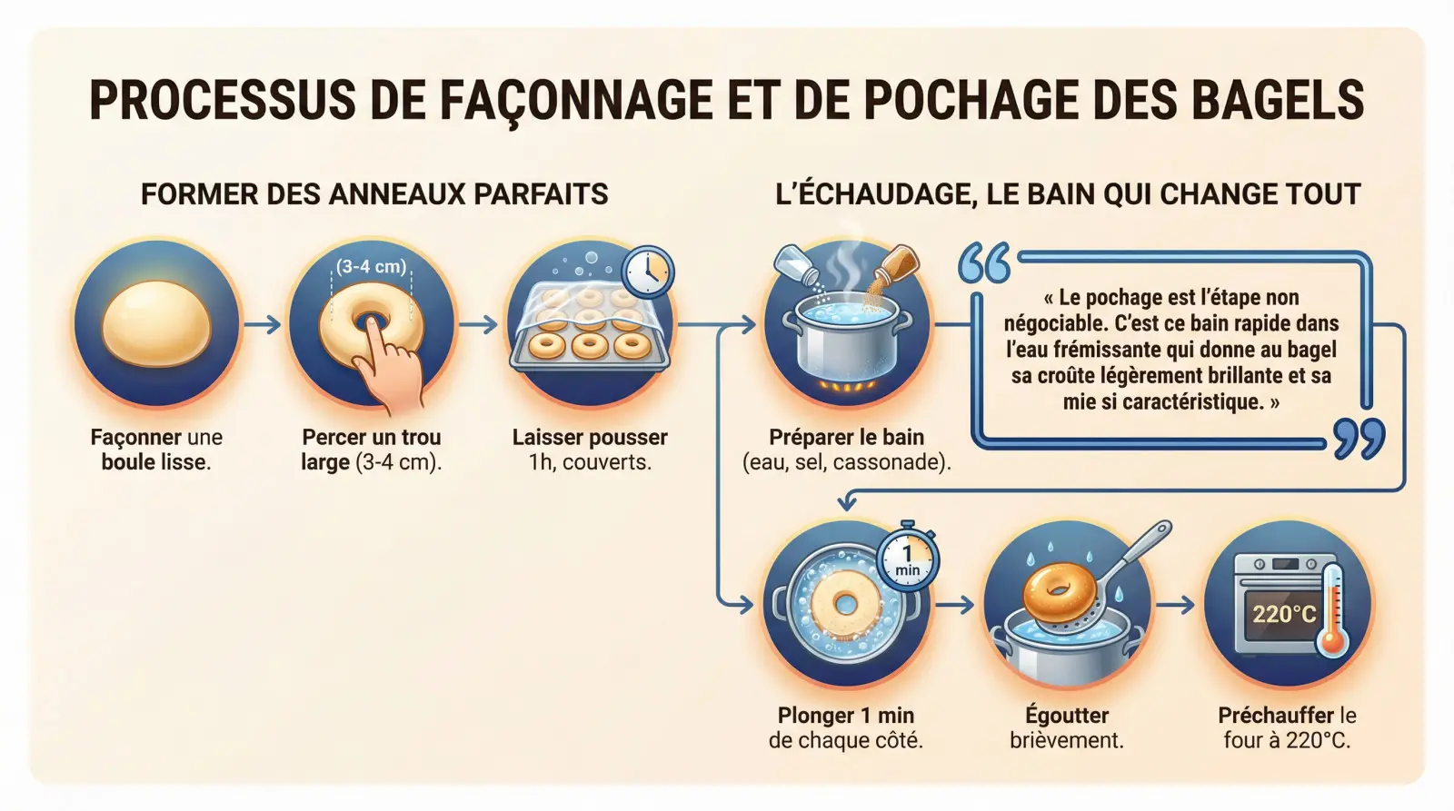 <strong>Étapes de façonnage et pochage des bagels</strong>« ><div style=