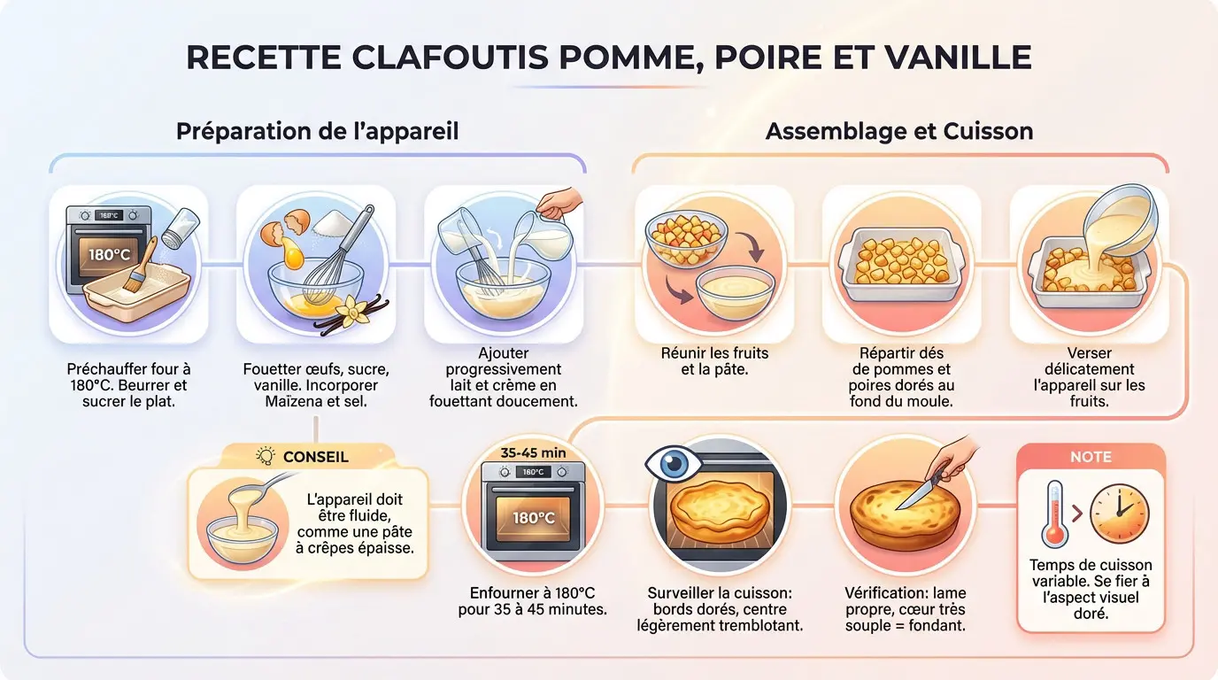 Clafoutis moelleux aux pommes, poires et vanille fraîchement sorti du four