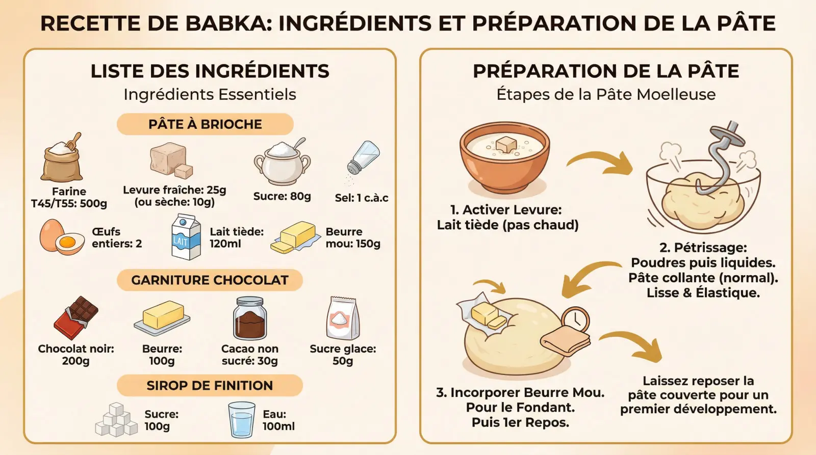 Ingrédients préparés sur un plan de travail pour réaliser une babka au chocolat
