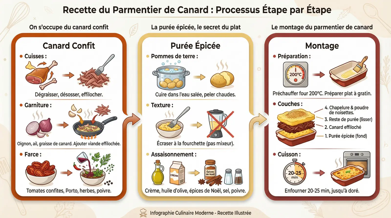 Préparation étape par étape du parmentier de canard aux épices de Noël, du confit à la purée écrasée