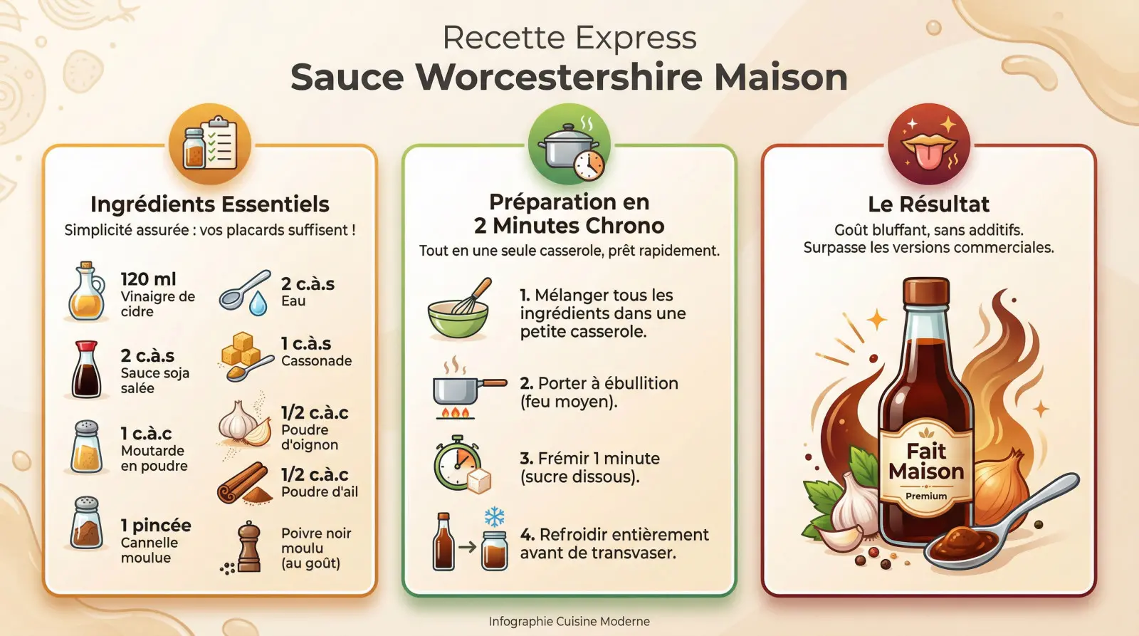 Ingrédients et préparation rapide d'une sauce Worcestershire maison dans une petite casserole