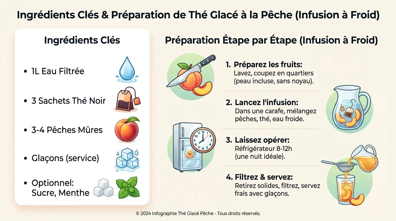 Infographie détaillant les étapes de la recette du thé glacé pêche par infusion à froid