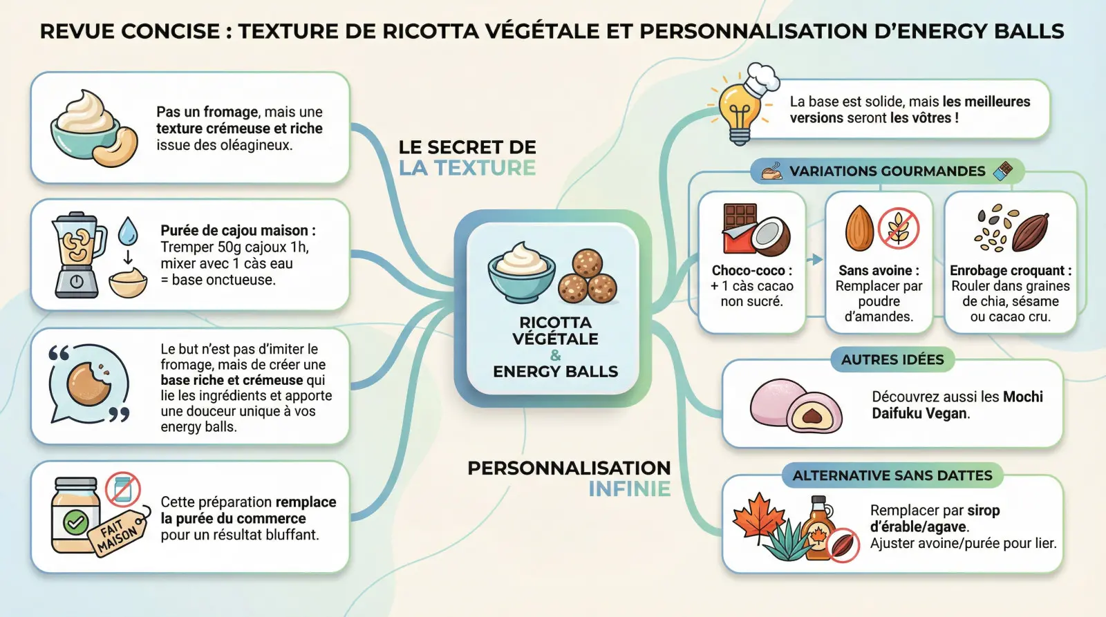 <strong>Texture crémeuse de la ricotta végétale maison</strong>« ></p><p>Maintenant que vous maîtrisez la recette de base, voyons comment la <strong>personnaliser et comprendre le secret de cette fameuse texture « ricotta »</strong>.</p><h3>Le secret d&rsquo;une texture « ricotta » 100% végétale</h3><p>On ne cherche pas ici à imiter un fromage italien traditionnel. L&rsquo;objectif reste d&rsquo;<strong>obtenir cette onctuosité dense et riche</strong> grâce aux oléagineux. C&rsquo;est ce gras végétal particulier qui change tout.</p><p>Oubliez les pots du commerce souvent trop coûteux. Faites tremper 50g de noix de cajou crues durant une heure. Égouttez-les, puis mixez-les violemment avec une cuillère à soupe d&rsquo;eau. Vous obtiendrez <strong>une base blanche incroyablement onctueuse</strong>.</p><blockquote><p>Le but n&rsquo;est pas d&rsquo;imiter le fromage, mais de créer une base riche et crémeuse qui lie les ingrédients et apporte une douceur unique à vos energy balls.</p></blockquote><p>Cette préparation minute remplace avantageusement la purée de cajou classique. Le résultat final dans la recette est souvent <strong>bien plus bluffant</strong>.</p><h3>Personnalisez vos energy balls à l&rsquo;infini</h3><p>La recette de base fonctionne à tous les coups, c&rsquo;est un fait. Mais franchement, <strong>les meilleures versions seront toujours les vôtres</strong>.</p><ul><li><strong>Version choco-coco</strong> : ajoutez une cuillère à soupe de cacao en poudre non sucré.</li><li><strong>Sans avoine</strong> : remplacez les flocons par de la poudre d&rsquo;amandes.</li><li><strong>Enrobage croquant</strong> : roulez les boules dans des graines de chia, de sésame ou du cacao cru.</li></ul><p>Vous aimez ces textures douces et purement végétales ? Vous devriez sérieusement jeter un œil à cette recette de <a href=