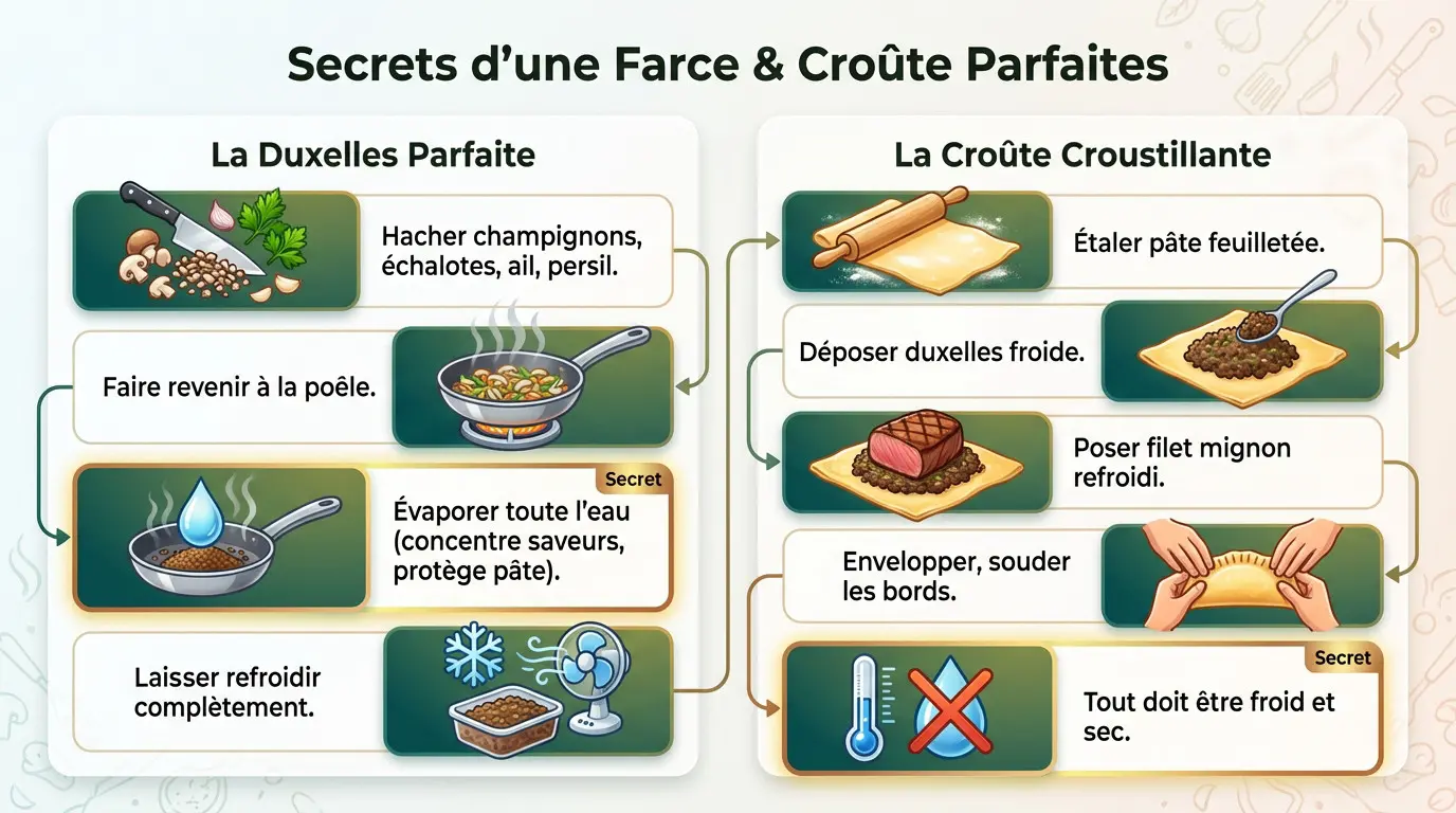 Préparation de la duxelles de champignons et pâte feuilletée pour filet mignon