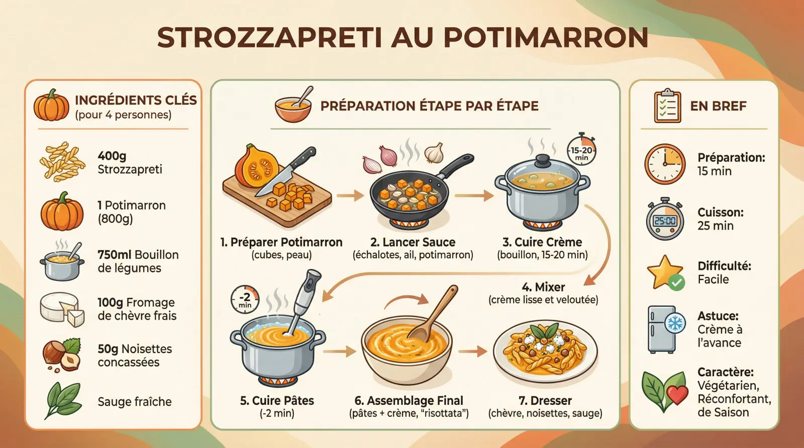 Assiette de strozzapreti à la crème de potimarron végétarienne avec noisettes et sauge