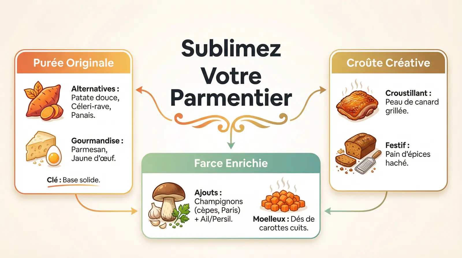 Infographie guidant les étapes pour sublimer un parmentier de canard avec des variantes d'ingrédients
