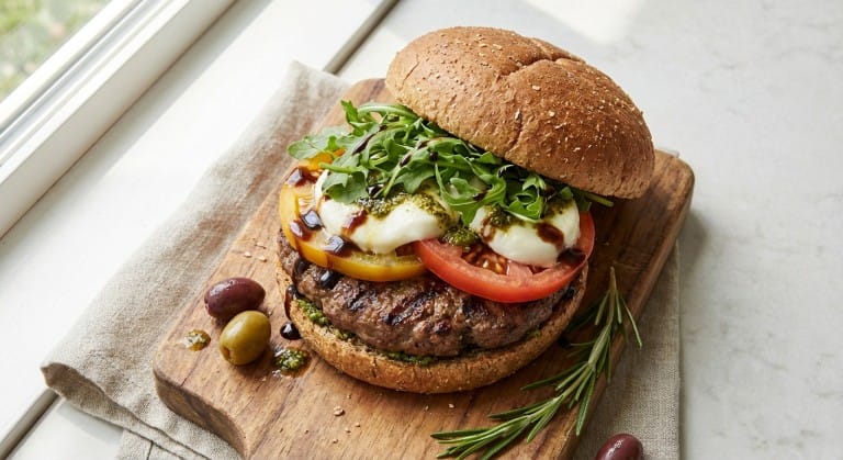 découvrez notre recette saine et savoureuse de burger rafraîchissant à la tomate, mozzarella et roquette, parfaite pour un repas équilibré et gourmand.