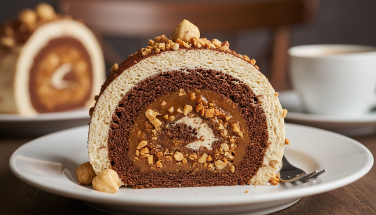 savourez ce roulé au praliné, alliant une crème mousseline onctueuse à un croustillant noisette qui fond délicatement en bouche pour un plaisir gourmand irrésistible.