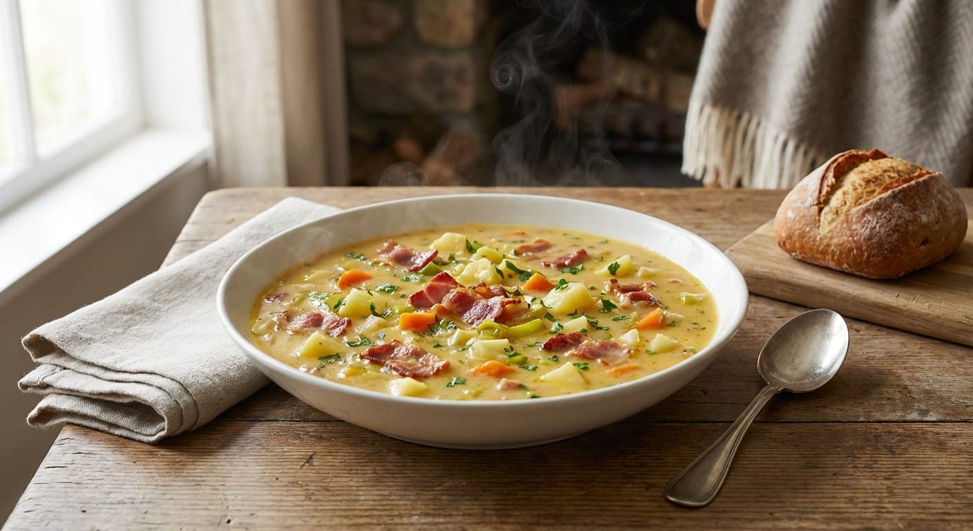 savourez la recette réconfortante du potage brighton au lard fumé, une soupe chaude et délicieuse qui vous enveloppe de douceur et de chaleur à chaque cuillerée.