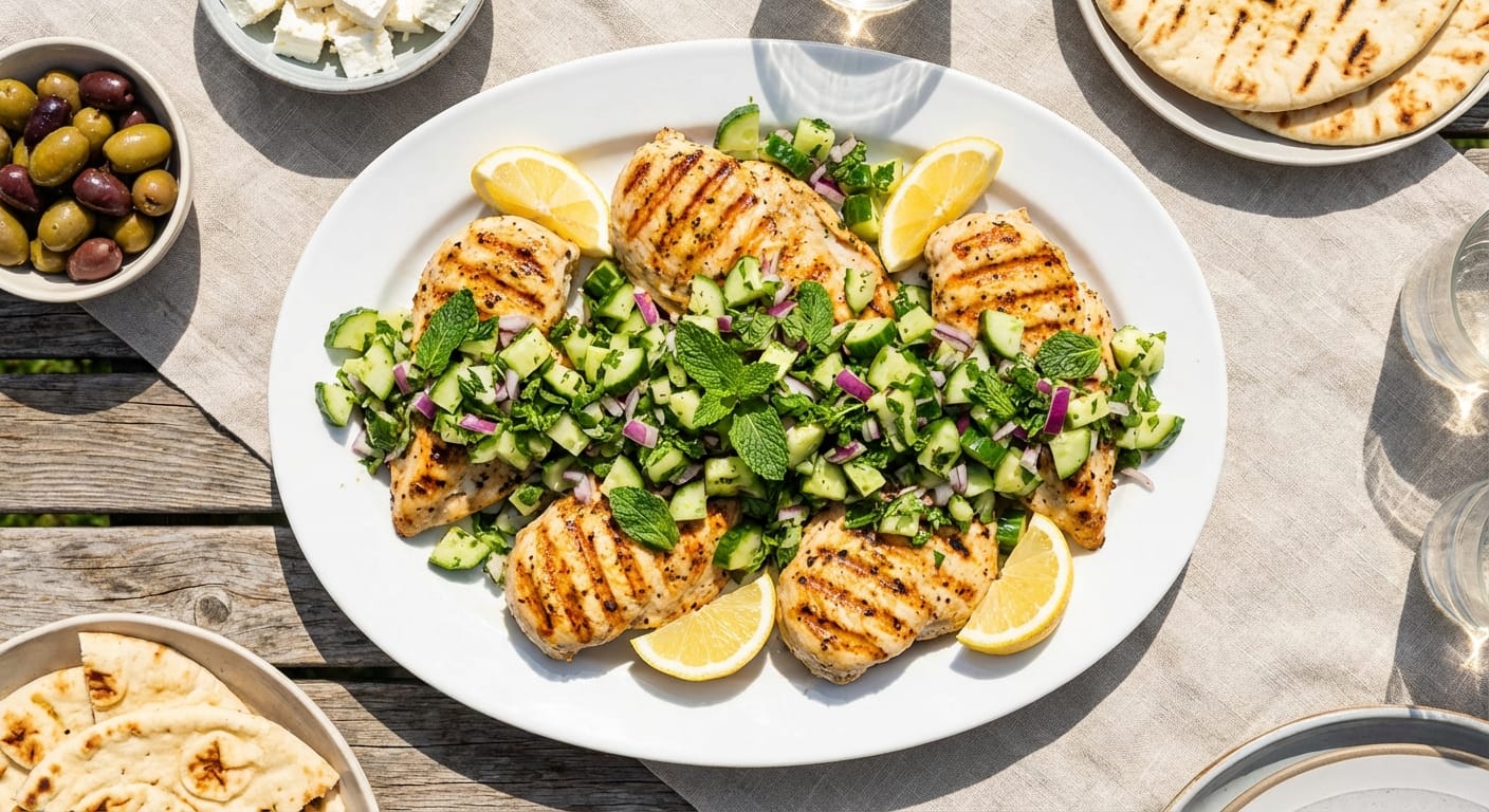 apprenez à préparer un poulet grillé délicieux agrémenté de saveurs fraîches de concombre et menthe pour un repas léger et savoureux.