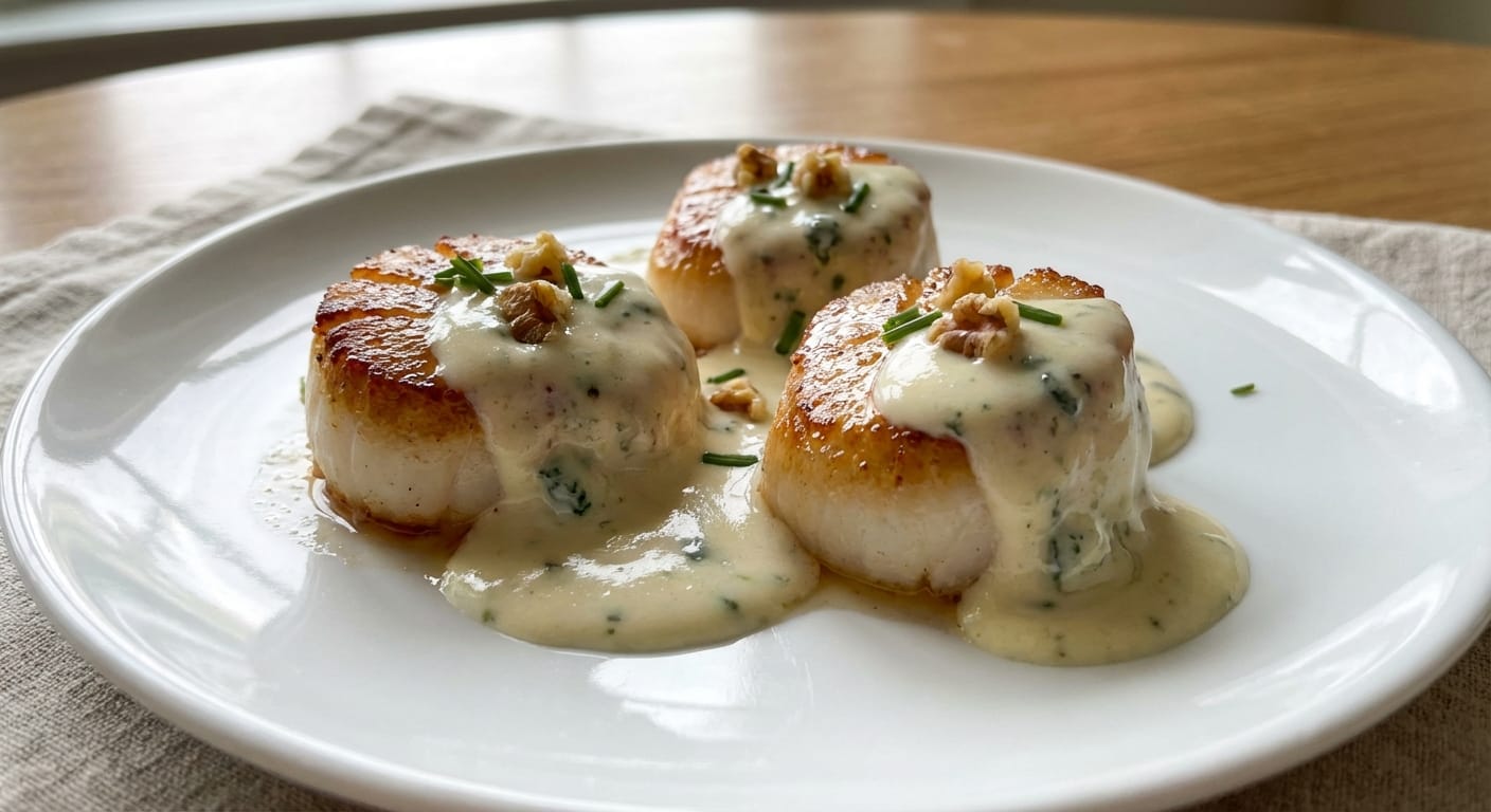 savourez des coquilles saint-jacques délicates, généreusement nappées d'une onctueuse crème au fromage bleu, pour un plat raffiné et gourmand.