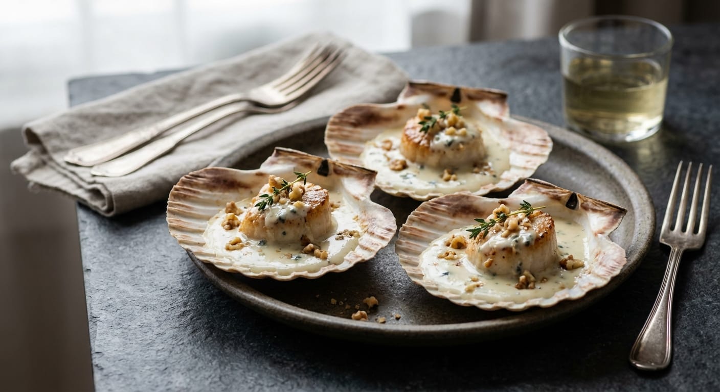 savourez nos délicates coquilles saint-jacques, généreusement nappées d'une onctueuse crème au fromage bleu, pour une expérience culinaire raffinée et gourmande.