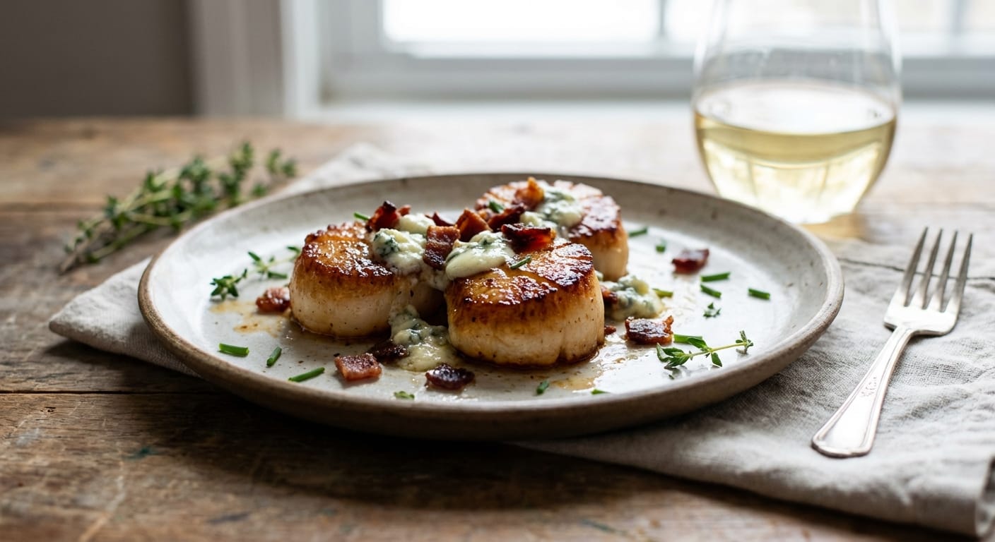 savourez l'alliance parfaite entre la mer et la terre avec nos coquilles saint-jacques nappées de lard croquant et de fromage bleu fondant, une expérience gustative raffinée et gourmande.