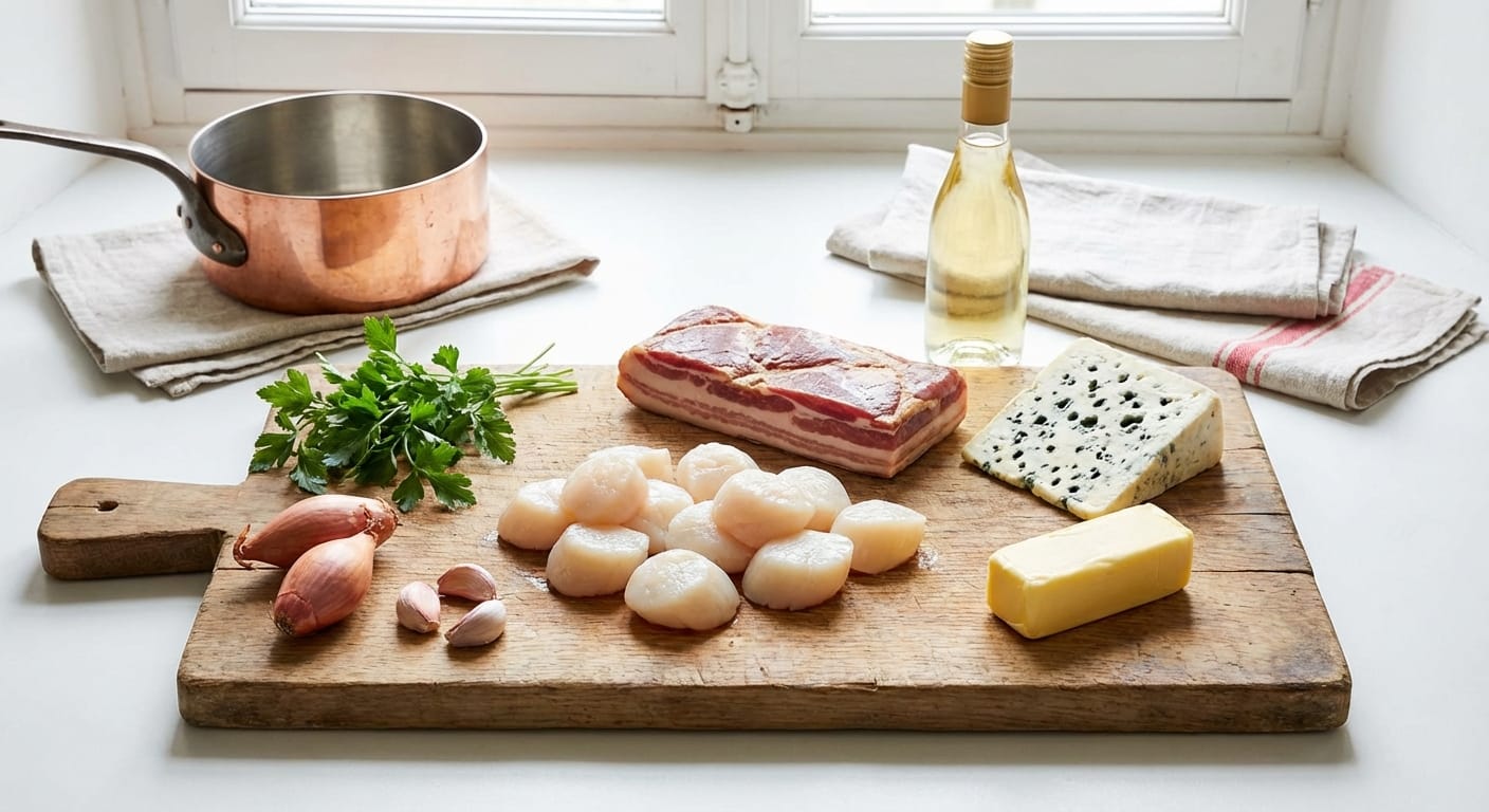 savourez une délicieuse recette alliant la fraîcheur des coquilles saint-jacques, le croquant du lard et la douceur du fromage bleu fondant pour un repas raffiné et gourmand.