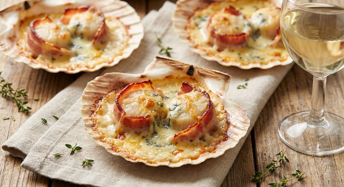 découvrez une recette savoureuse alliant le goût iodé des coquilles saint-jacques, la texture croustillante du lard et la douceur onctueuse du fromage bleu pour un plat raffiné et gourmand.