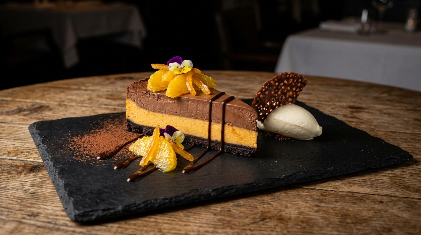 savourez un cheesecake à l’orange léger et crémeux, posé sur un lit fondant de chocolat pour une expérience dessert aérienne et gourmande.