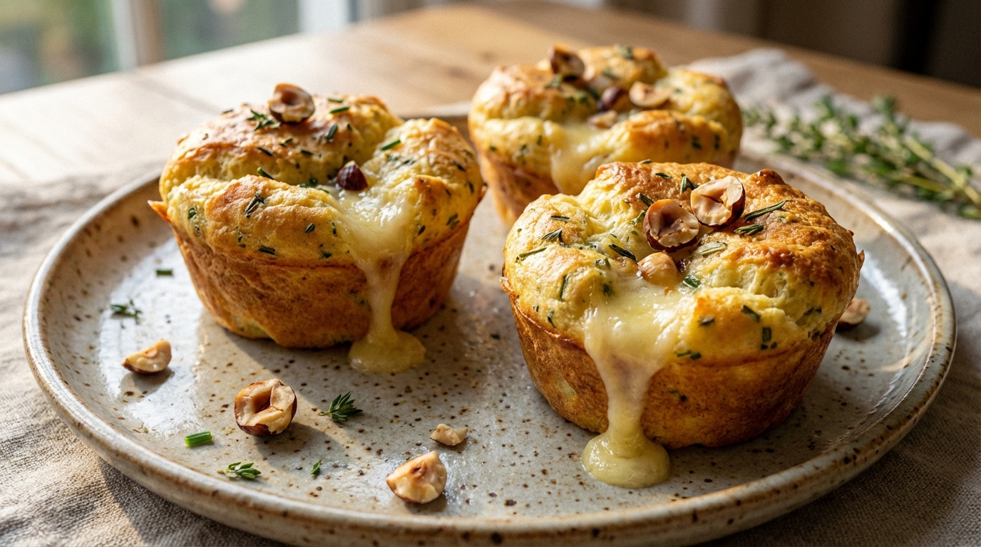 savourez un soufflé léger et parfumé aux herbes fraîches, agrémenté d'éclats croquants de noisettes et d'un fromage fondant pour un délice aérien irrésistible.