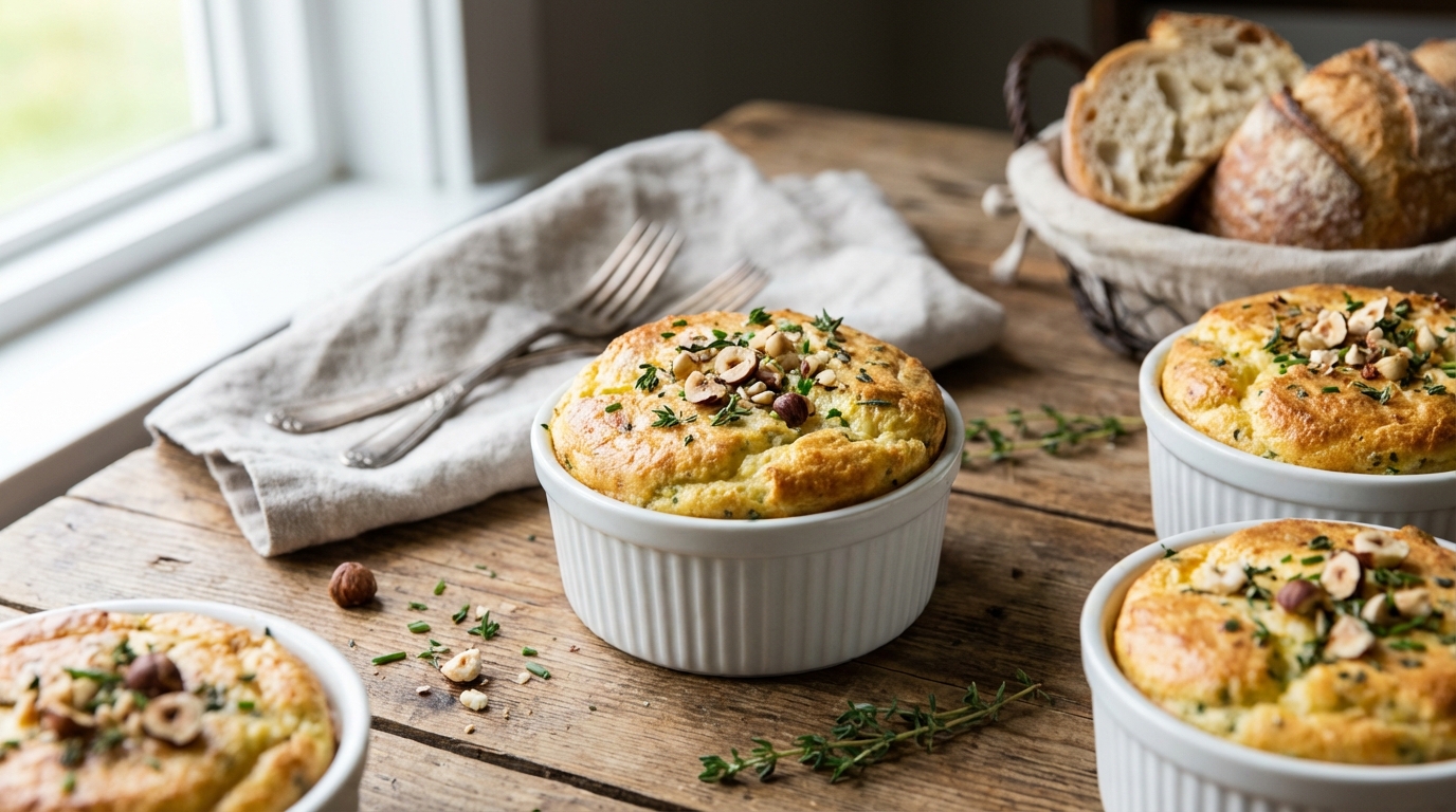 savourez un soufflé léger et gourmand aux herbes fraîches, parsemé d'éclats de noisettes croquantes et garni d'un fromage fondant pour un délice aérien.