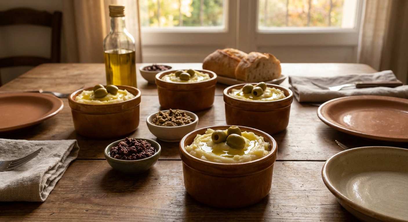 découvrez une purée de pommes de terre onctueuse rehaussée d'olives vertes savoureuses et de fromage frais, pour un délice crémeux et plein de saveurs.