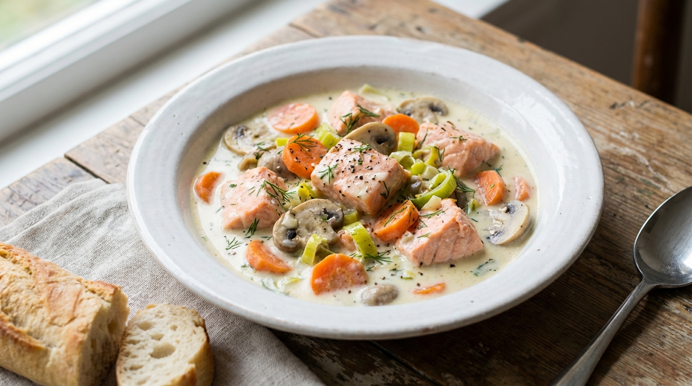 découvrez notre recette raffinée de délice de saumon mijoté en crème légère, une blanquette revisitée alliant douceur et saveurs marines pour un plat gourmand et élégant.