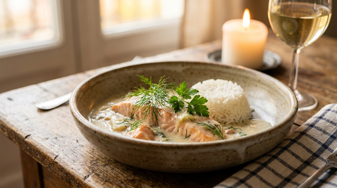découvrez notre délice de saumon mijoté en crème légère, une blanquette revisitée alliant saveurs délicates et douceur crémeuse pour un plat raffiné et gourmand.