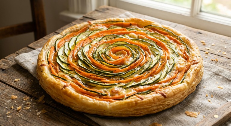découvrez la tarte gourmande aux carottes, courgettes et gouda fondant, un délice en spirale qui allie saveurs fraîches et douceur fromagère pour un repas savoureux et original.