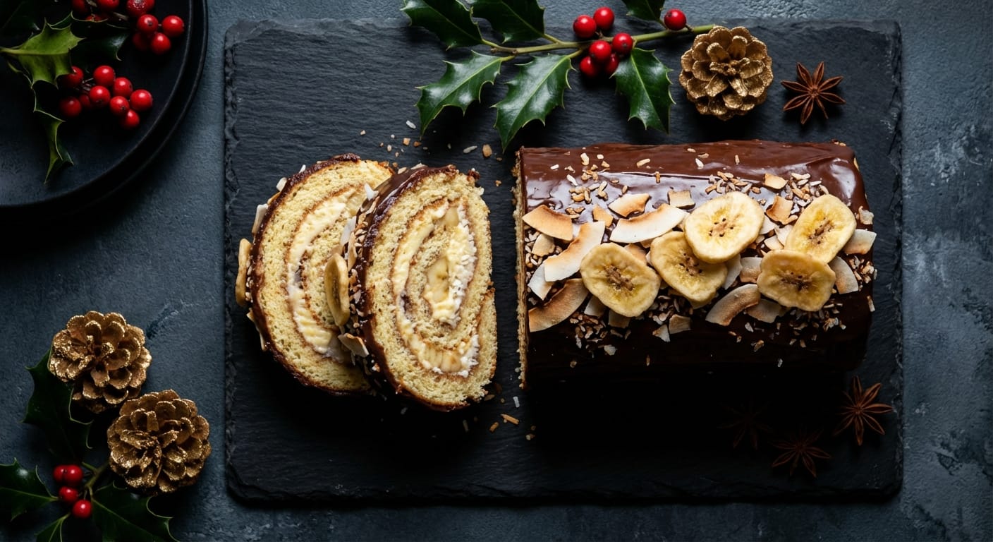 savourez notre bûche de noël aérienne, délicatement parfumée à la crème de banane, pour un délice festif et léger qui émerveillera vos repas de fête.