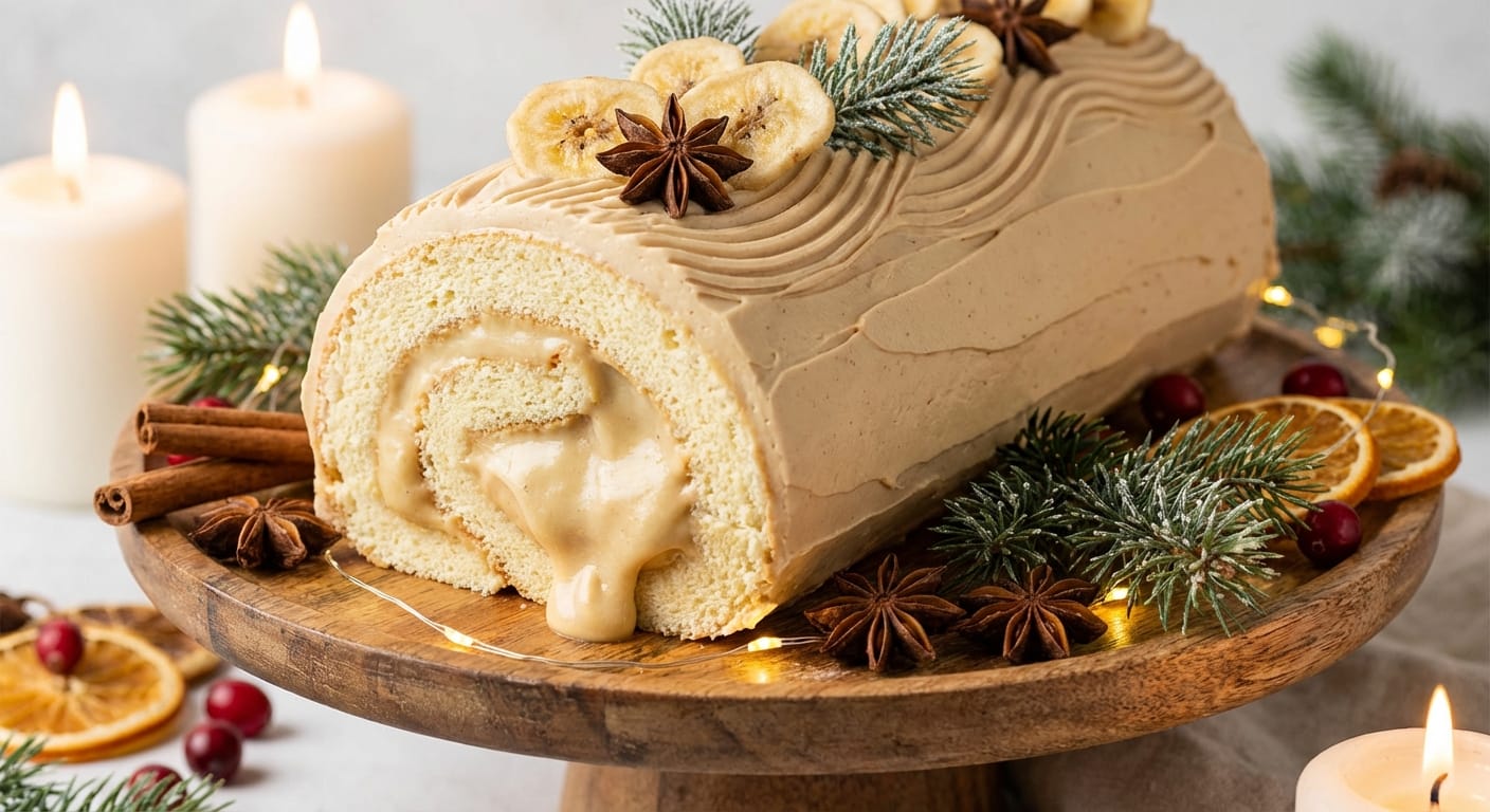 savourez notre bûche de noël aérienne, délicatement parfumée à la crème de banane, pour un dessert festif et léger qui ravira tous les palais.
