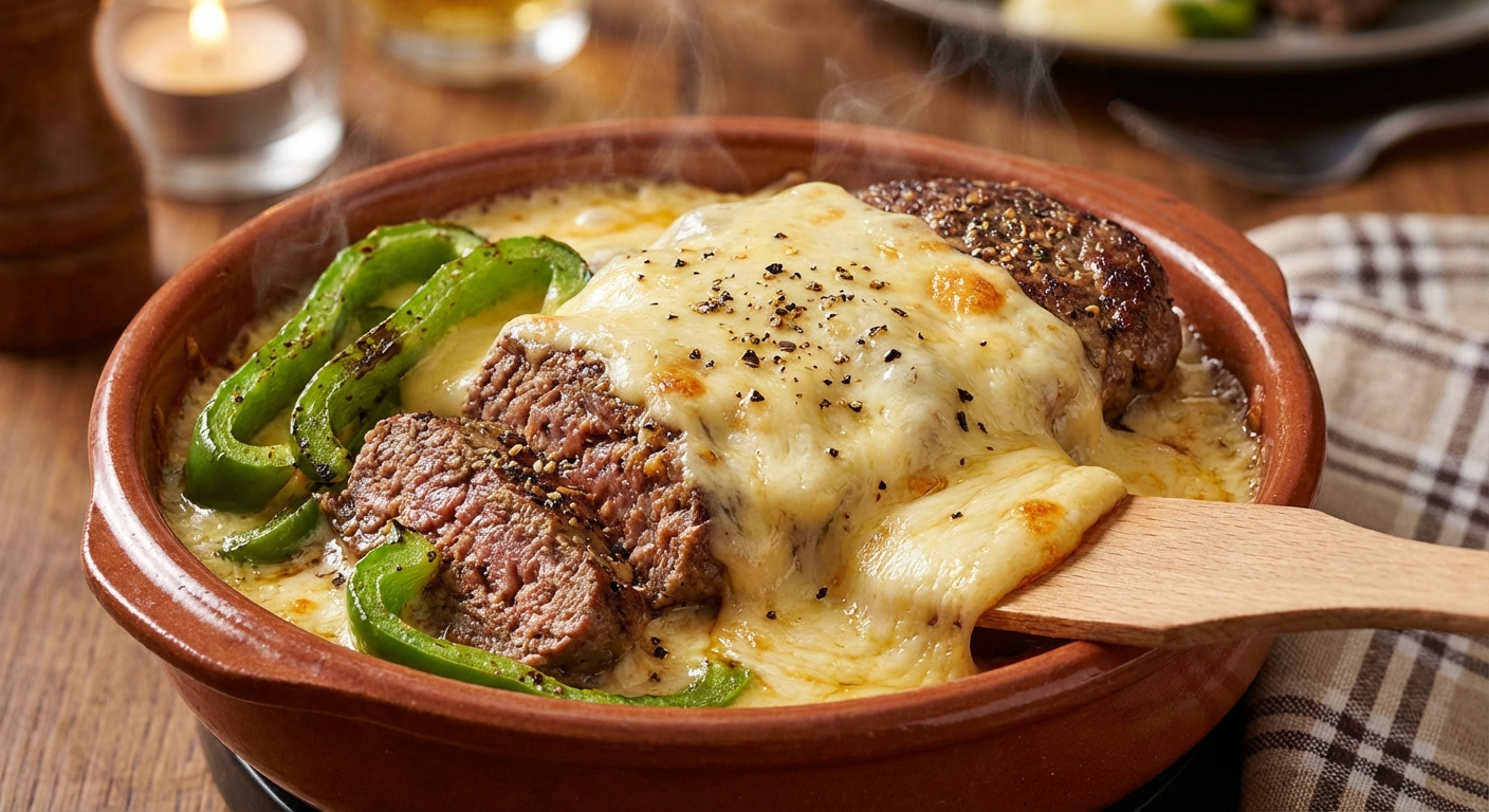 savourez une raclette généreuse et fondante, sublimée par du steak haché tendre et des poivrons verts croquants, pour un repas convivial et gourmand.
