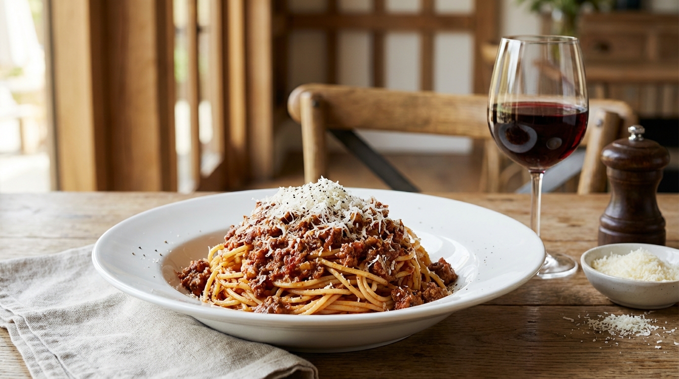 savourez un classique italien : des spaghetti bolognaise riches et généreusement nappés de fromage râpé traditionnel pour un repas authentique et gourmand.